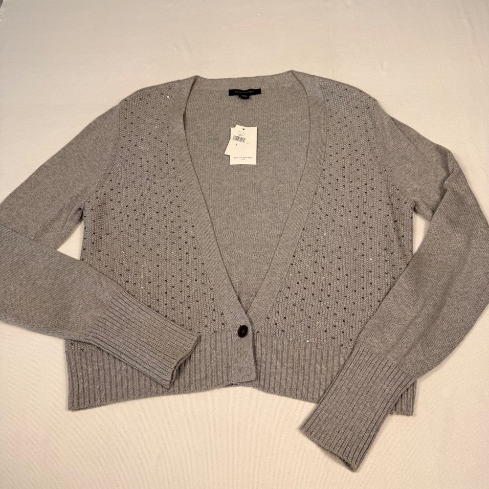 Banana Republic Cardigan Large Gray Sequin V-Neck Single Button 881048-00-1